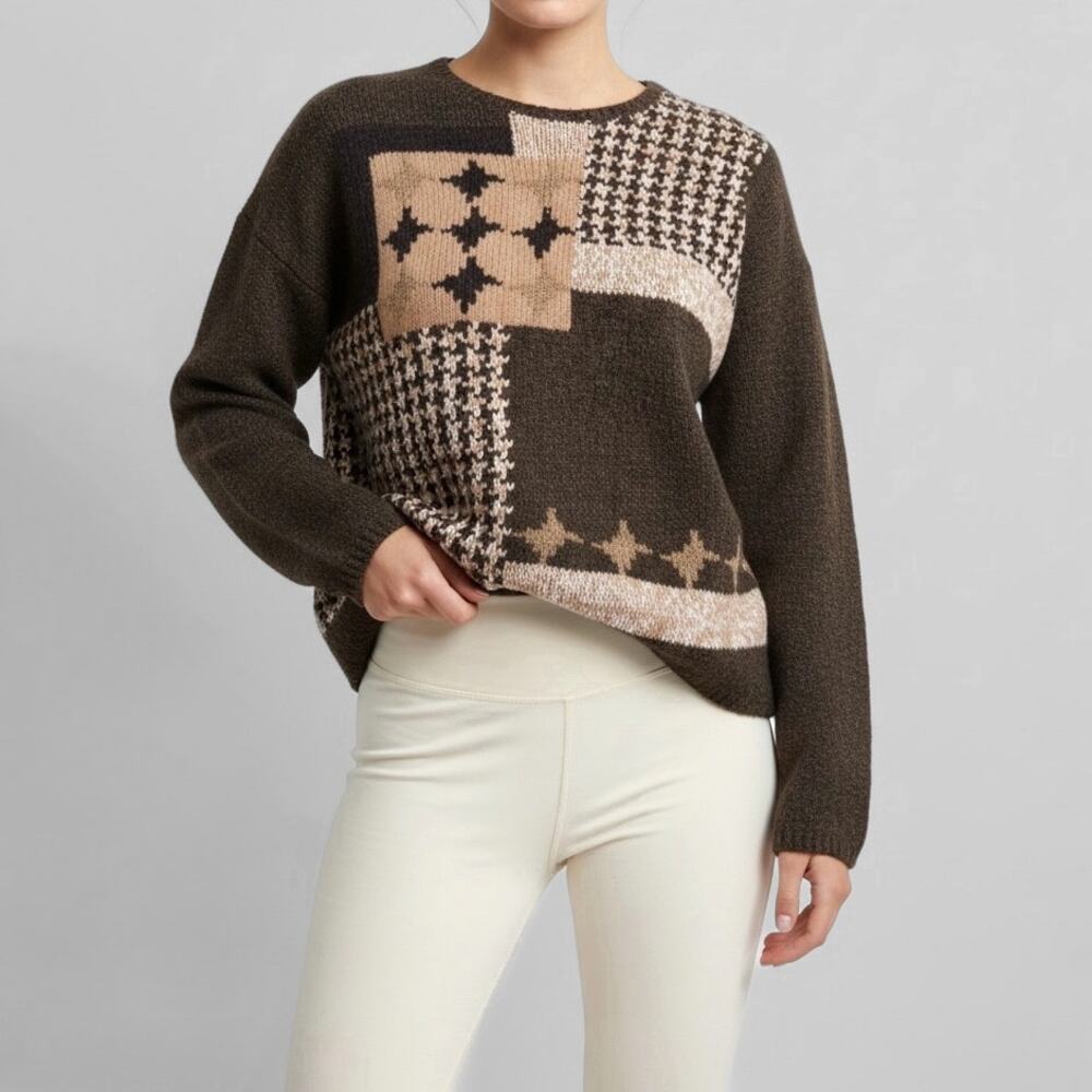 90s Angora Wool Blend Houndstooth Sweater S Earth Tones Academia Grandmacore